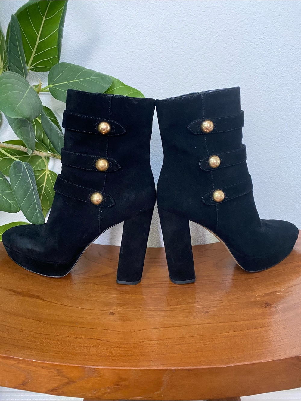 Michael Kors Black Suede High-Heel Boots with Gold Button Accents